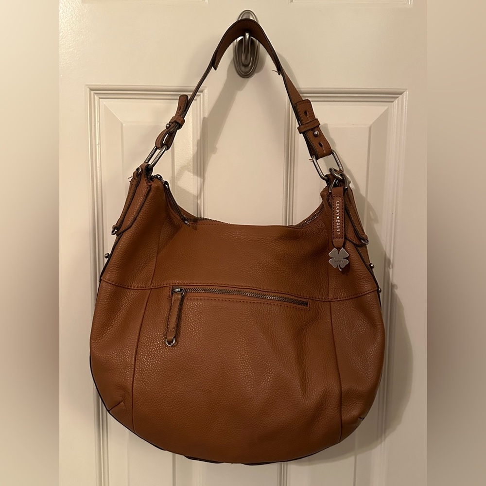 Lucky Brand Brown Leather Bag w/exterior zippered side pocket. Very nice!